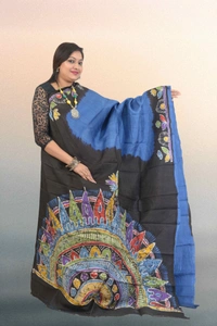 SKU0564 : Murshidabad Pure Silk – Premium Wax Batik Fabric – Hand Painted - Normal Length 6.3 mtr Plus, Blue, Hand Print, Dry Clean Only, Yes