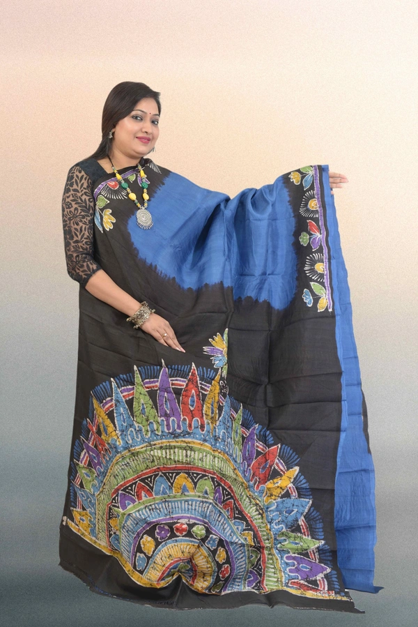 SKU0564 : Murshidabad Pure Silk – Premium Wax Batik Fabric – Hand Painted - Normal Length 6.3 mtr Plus, Blue, Hand Print, Dry Clean Only, Yes