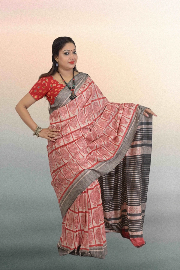 SKU0565 : Elegant Tussar Temple Ghicha Silk Saree – Handwoven Traditional Style  - Normal Length 6.3 mtr Plus, Red, Block Print, Dry Clean Only, Yes