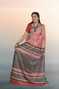 SKU0565 : Elegant Tussar Temple Ghicha Silk Saree – Handwoven Traditional Style  - Normal Length 6.3 mtr Plus, Red, Block Print, Dry Clean Only, Yes