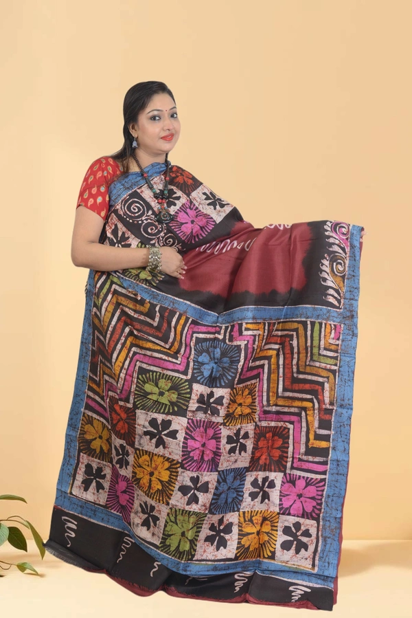 SKU0567 : Murshidabad Pure Silk – Premium Wax Batik Fabric – Hand Painted - Normal Length 6.3 mtr Plus, Maroon, Hand Print, Dry Clean Only, Yes