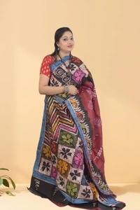 SKU0567 : Murshidabad Pure Silk – Premium Wax Batik Fabric – Hand Painted - Normal Length 6.3 mtr Plus, Maroon, Hand Print, Dry Clean Only, Yes