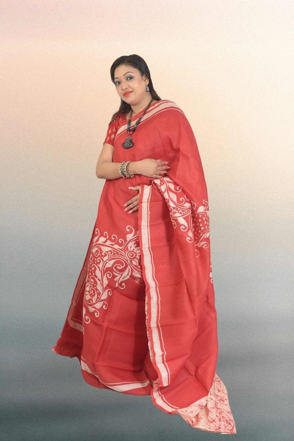 SKU0568 : Murshidabad Pure Silk Saree – Hand Batik - Normal Length 6.3 mtr Plus, Orange, Hand Print, Dry Clean Only, Yes