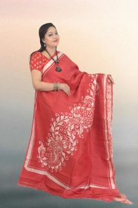 SKU0568 : Murshidabad Pure Silk Saree – Hand Batik - Normal Length 6.3 mtr Plus, Orange, Hand Print, Dry Clean Only, Yes