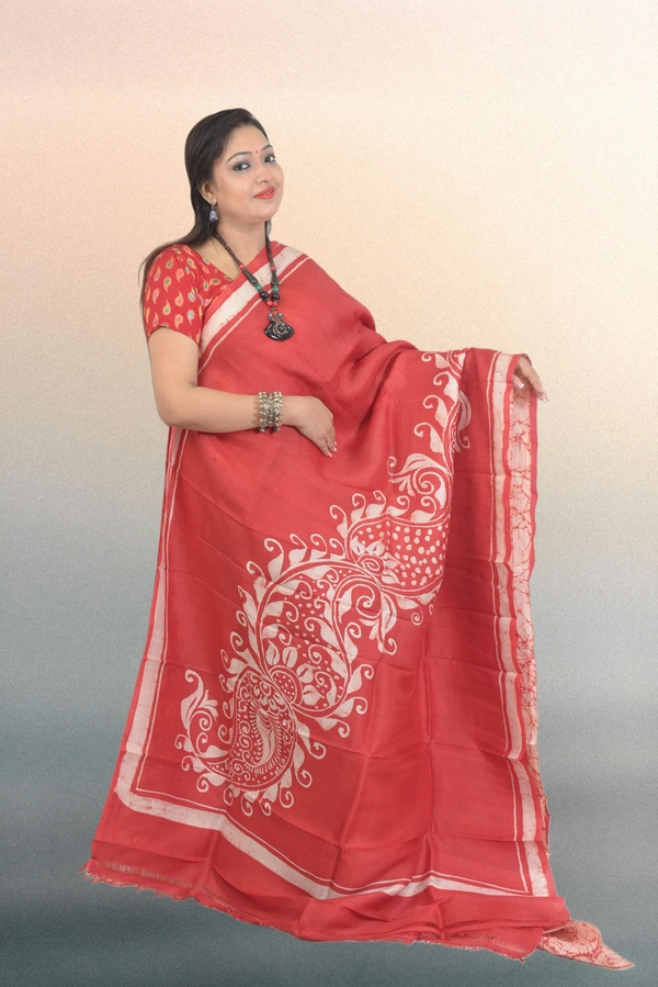 SKU0568 : Murshidabad Pure Silk Saree – Hand Batik - Normal Length 6.3 mtr Plus, Orange, Hand Print, Dry Clean Only, Yes