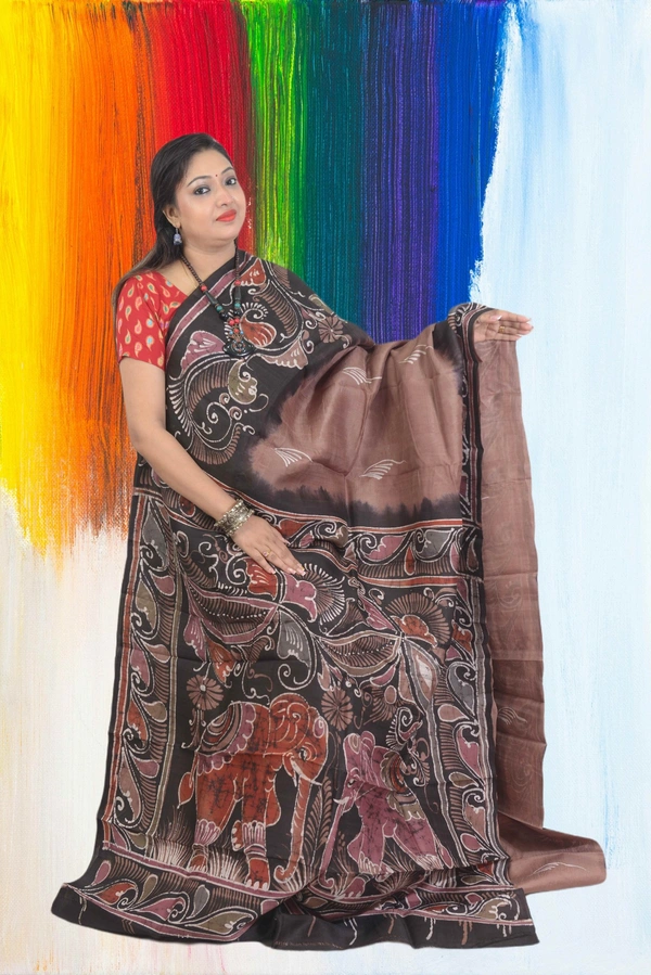 SKU0569 : Murshidabad Pure Silk Saree – Hand Batik - Normal Length 6.3 mtr Plus, Coffee, Hand Print, Dry Clean Only, Yes