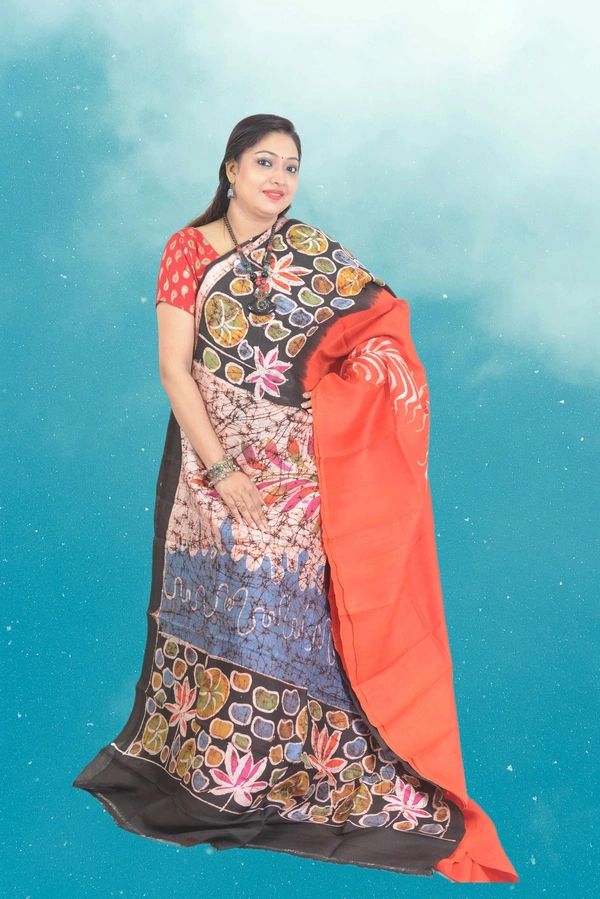 SKU0570 : Murshidabad Pure Silk Saree – Hand Batik - Normal Length 6.3 mtr Plus, Orange, Hand Print, Dry Clean Only, Yes