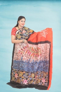 SKU0570 : Murshidabad Pure Silk Saree – Hand Batik - Normal Length 6.3 mtr Plus, Orange, Hand Print, Dry Clean Only, Yes