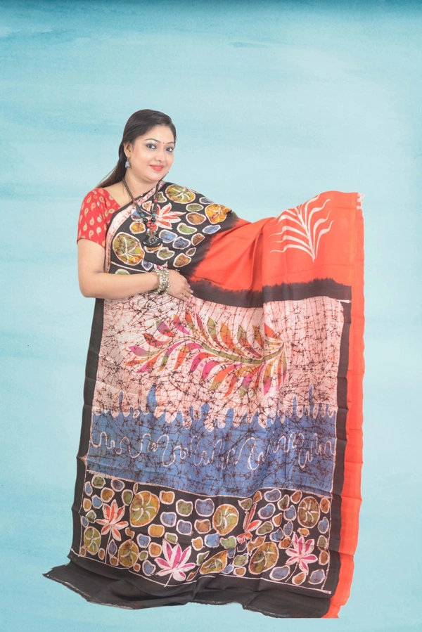 SKU0570 : Murshidabad Pure Silk Saree – Hand Batik - Normal Length 6.3 mtr Plus, Orange, Hand Print, Dry Clean Only, Yes