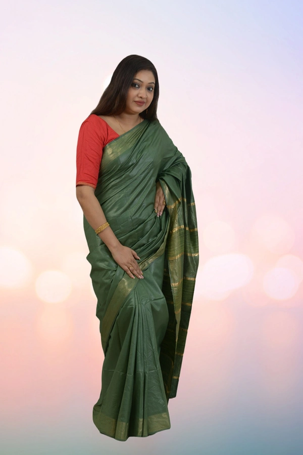 SKU0477 : Elegant Handwoven Tussar Ghicha Bapta Saree – Traditional Bengal Weave  - Normal Length 6.3 mtr Plus, Green, Plain / Solid, Dry Clean Only, Yes