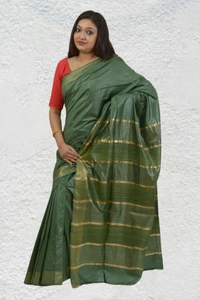 SKU0477 : Elegant Handwoven Tussar Ghicha Bapta Saree – Traditional Bengal Weave  - Normal Length 6.3 mtr Plus, Green, Plain / Solid, Dry Clean Only, Yes