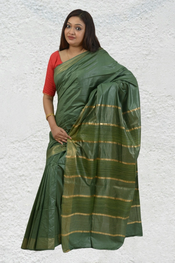 SKU0477 : Elegant Handwoven Tussar Ghicha Bapta Saree – Traditional Bengal Weave  - Normal Length 6.3 mtr Plus, Green, Plain / Solid, Dry Clean Only, Yes