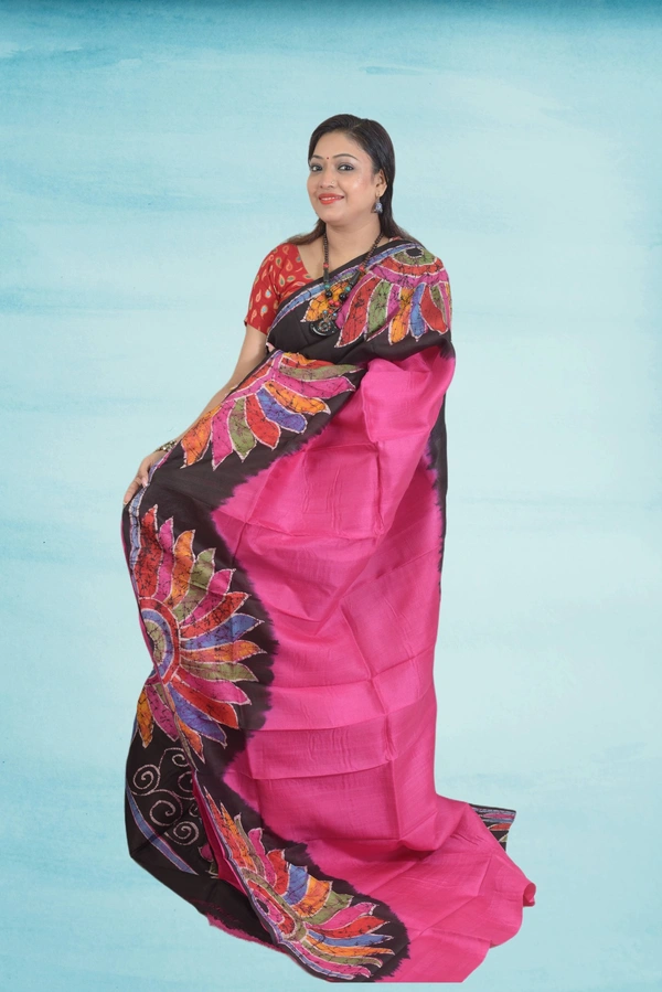 SKU0571 : Murshidabad Pure Silk Saree – Hand Batik - Normal Length 6.3 mtr Plus, Pink, Hand Print, Dry Clean Only, Yes