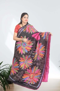 SKU0571 : Murshidabad Pure Silk Saree – Hand Batik - Normal Length 6.3 mtr Plus, Pink, Hand Print, Dry Clean Only, Yes