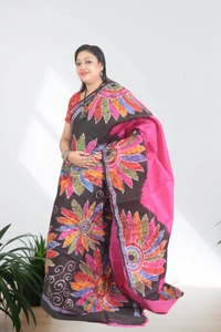 SKU0571 : Murshidabad Pure Silk Saree – Hand Batik - Normal Length 6.3 mtr Plus, Pink, Hand Print, Dry Clean Only, Yes