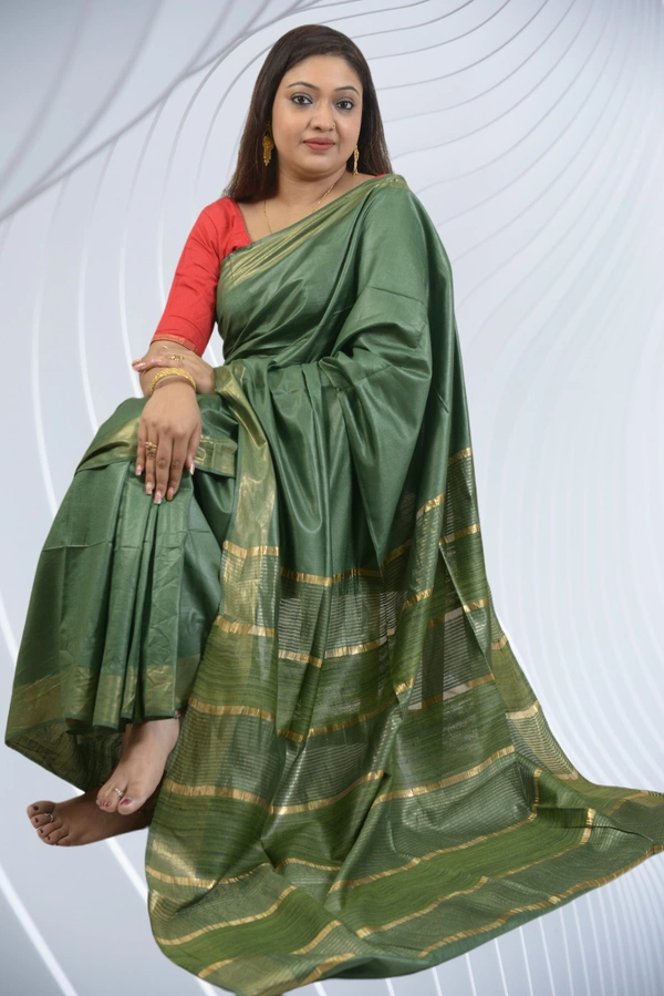 SKU0477 : Elegant Handwoven Tussar Ghicha Bapta Saree – Traditional Bengal Weave  - Normal Length 6.3 mtr Plus, Green, Plain / Solid, Dry Clean Only, Yes