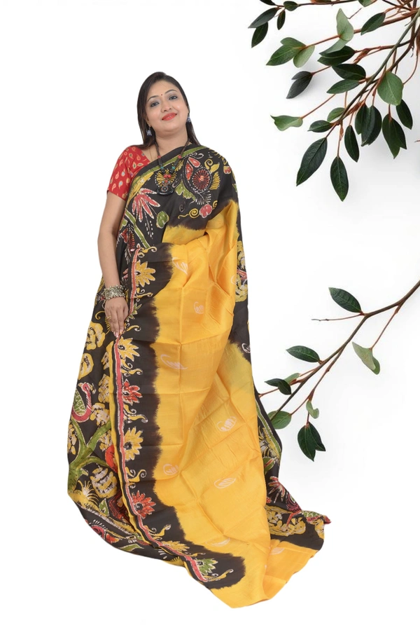 SKU0572 : Murshidabad Pure Silk Saree – Hand Batik - Normal Length 6.3 mtr Plus, Yellow, Hand Print, Dry Clean Only, Yes
