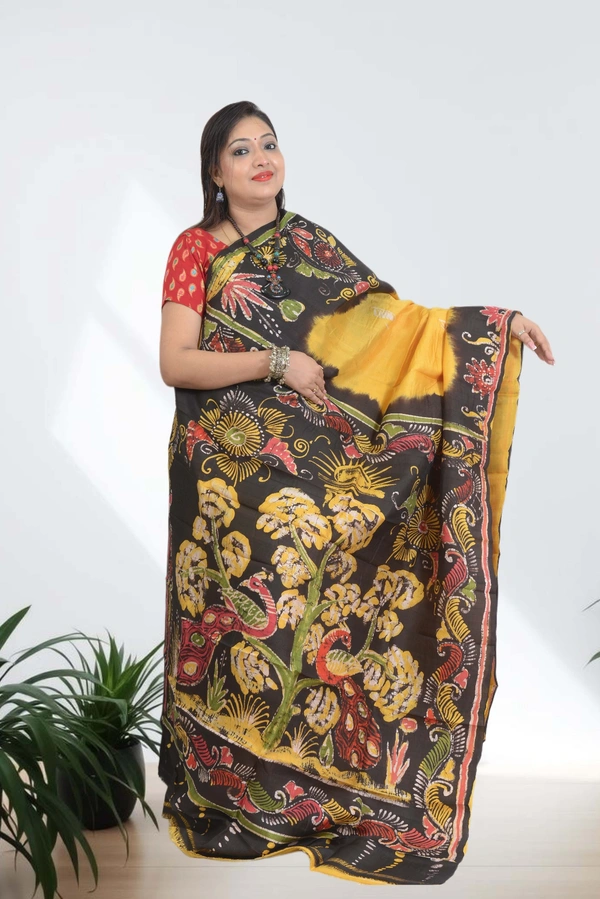 SKU0572 : Murshidabad Pure Silk Saree – Hand Batik - Normal Length 6.3 mtr Plus, Yellow, Hand Print, Dry Clean Only, Yes