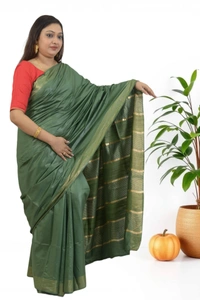 SKU0477 : Elegant Handwoven Tussar Ghicha Bapta Saree – Traditional Bengal Weave  - Normal Length 6.3 mtr Plus, Green, Plain / Solid, Dry Clean Only, Yes