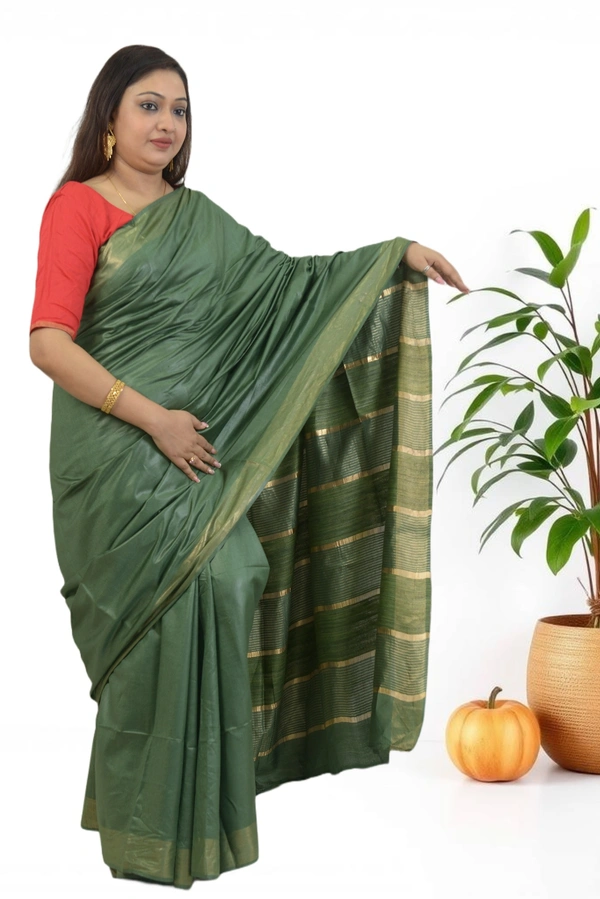 SKU0477 : Elegant Handwoven Tussar Ghicha Bapta Saree – Traditional Bengal Weave  - Normal Length 6.3 mtr Plus, Green, Plain / Solid, Dry Clean Only, Yes