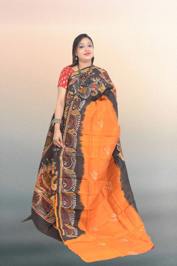 SKU0573 : Murshidabad Pure Silk Saree – Hand Batik - Normal Length 6.3 mtr Plus, Orange, Hand Print, Dry Clean Only, Yes