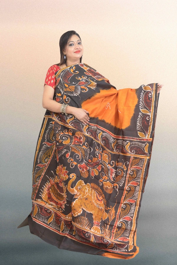 SKU0573 : Murshidabad Pure Silk Saree – Hand Batik - Normal Length 6.3 mtr Plus, Orange, Hand Print, Dry Clean Only, Yes