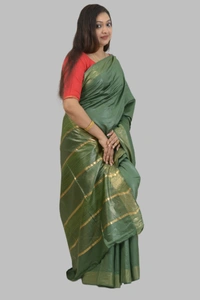 SKU0477 : Elegant Handwoven Tussar Ghicha Bapta Saree – Traditional Bengal Weave  - Normal Length 6.3 mtr Plus, Green, Plain / Solid, Dry Clean Only, Yes