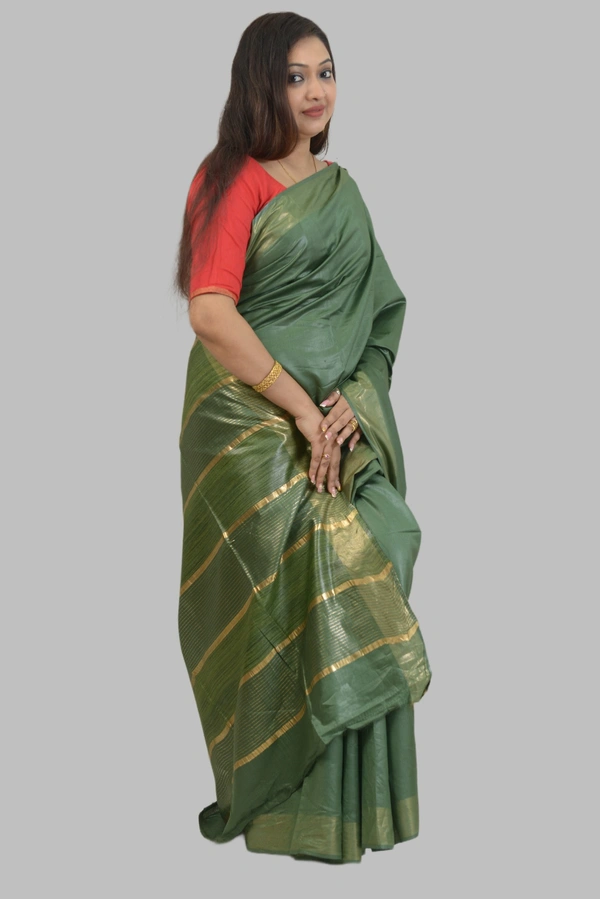 SKU0477 : Elegant Handwoven Tussar Ghicha Bapta Saree – Traditional Bengal Weave  - Normal Length 6.3 mtr Plus, Green, Plain / Solid, Dry Clean Only, Yes