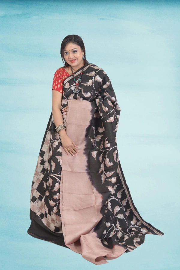 SKU0574 : Murshidabad Pure Silk Saree – Hand Batik - Normal Length 6.3 mtr Plus, Coffee, Hand Print, Dry Clean Only, Yes