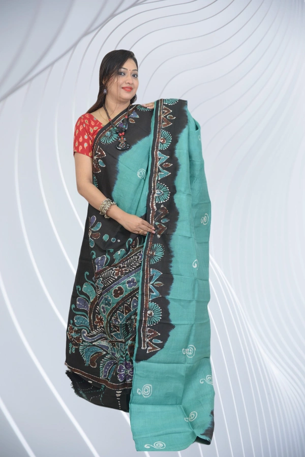 SKU0575 : Murshidabad Pure Silk Saree – Hand Batik - Normal Length 6.3 mtr Plus, Green, Hand Print, Dry Clean Only, Yes