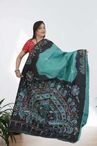 SKU0575 : Murshidabad Pure Silk Saree – Hand Batik - Normal Length 6.3 mtr Plus, Green, Hand Print, Dry Clean Only, Yes