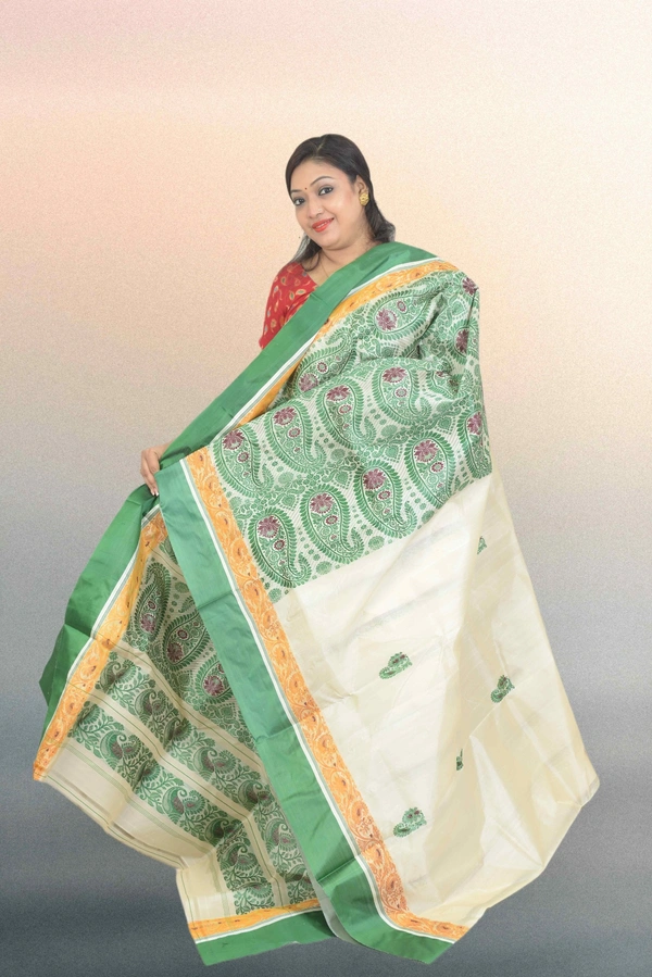 SKU0578 : Traditional Bengal Garad Silk Saree – Pure Handwoven Elegance | Alankari - Normal Length 6.3 mtr Plus, Green, Abstract, Dry Clean Only, Yes