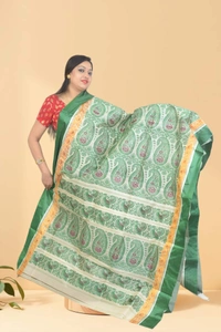 SKU0578 : Traditional Bengal Garad Silk Saree – Pure Handwoven Elegance | Alankari - Normal Length 6.3 mtr Plus, Green, Abstract, Dry Clean Only, Yes