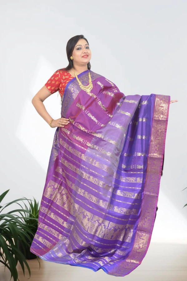 SKU0580 : Traditional Bengal Garad Silk Saree – Pure Handwoven Elegance | Swarnachari - Normal Length 6.3 mtr Plus, Violet, Zari Work, Dry Clean Only, Yes