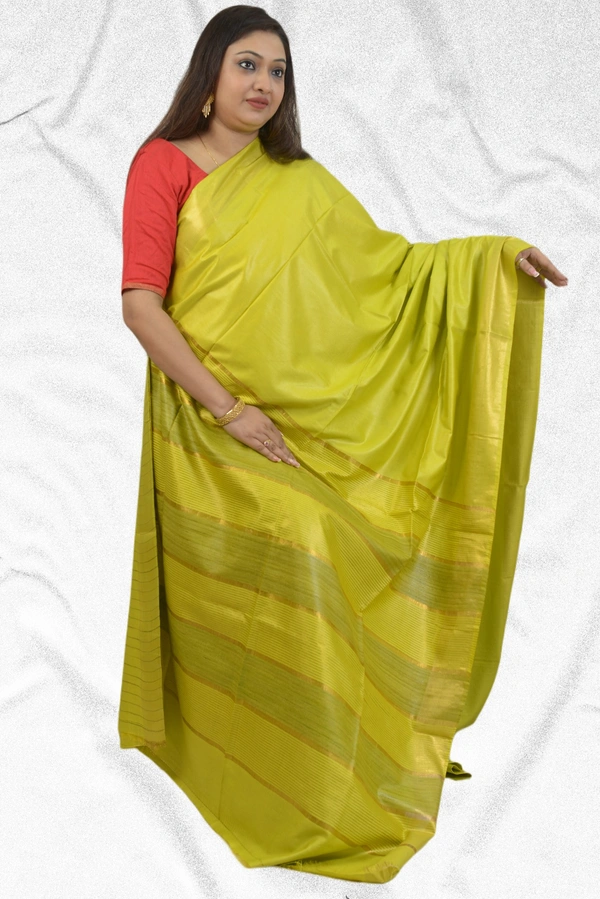 SKU0478 : Elegant Handwoven Tussar Ghicha Bapta Saree – Traditional Bengal Weave - Normal Length 6.3 mtr Plus, Green, Plain / Solid, Dry Clean Only, Yes