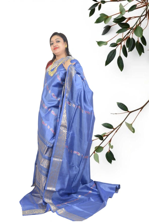 SKU0582 : Traditional Bengal Garad Silk Saree – Pure Handwoven Elegance | Swarnachari - Normal Length 6.3 mtr Plus, Blue, Zari Work, Dry Clean Only, Yes
