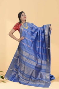 SKU0582 : Traditional Bengal Garad Silk Saree – Pure Handwoven Elegance | Swarnachari - Normal Length 6.3 mtr Plus, Blue, Zari Work, Dry Clean Only, Yes