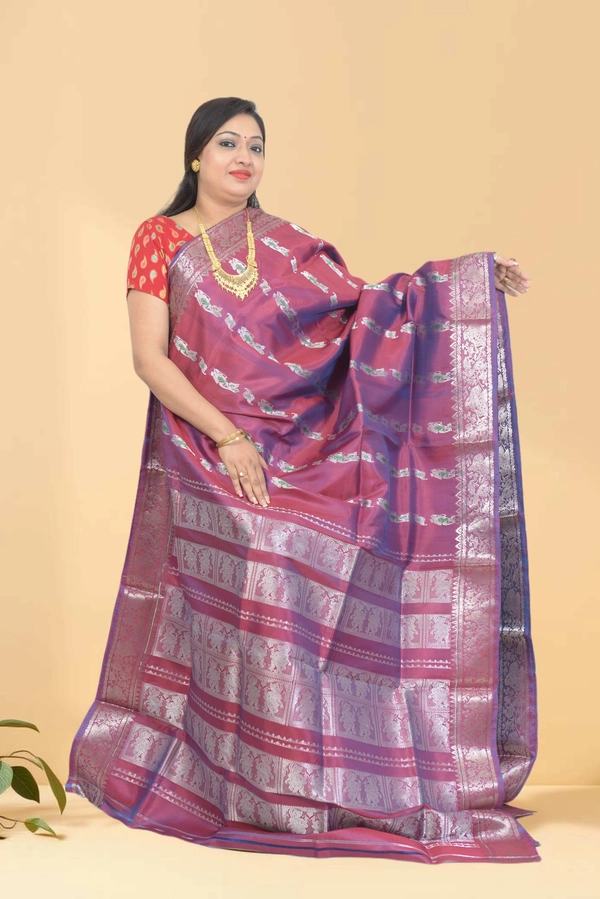 SKU0583 : Traditional Bengal Garad Silk Saree – Pure Handwoven Elegance | Swarnachari - Normal Length 6.3 mtr Plus, Maroon, Zari Work, Dry Clean Only, Yes