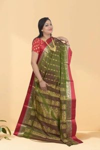 SKU0584 : Traditional Bengal Garad Silk Saree – Pure Handwoven Elegance | Swarnachari - Normal Length 6.3 mtr Plus, Green, Zari Work, Dry Clean Only, Yes