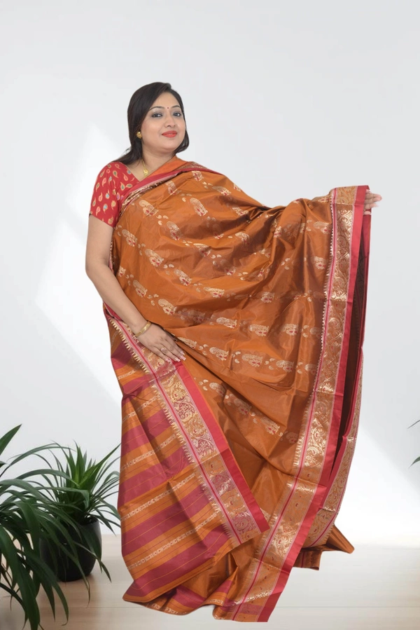 SKU0585 : Traditional Bengal Garad Silk Saree – Pure Handwoven Elegance | Swarnachari - Normal Length 6.3 mtr Plus, Mastard, Zari Work, Dry Clean Only, Yes