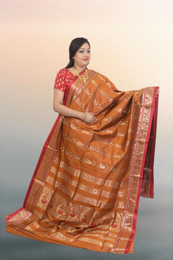 SKU0585 : Traditional Bengal Garad Silk Saree – Pure Handwoven Elegance | Swarnachari - Normal Length 6.3 mtr Plus, Mastard, Zari Work, Dry Clean Only, Yes
