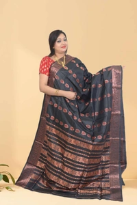 SKU0586 : Traditional Bengal Garad Silk Saree – Pure Handwoven Elegance | Swarnachari - Normal Length 6.3 mtr Plus, Black, Zari Work, Dry Clean Only, Yes