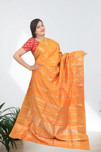 SKU0587 : Traditional Bengal Garad Silk Saree – Pure Handwoven Elegance | Swarnachari - Normal Length 6.3 mtr Plus, Orange, Zari Work, Dry Clean Only, Yes