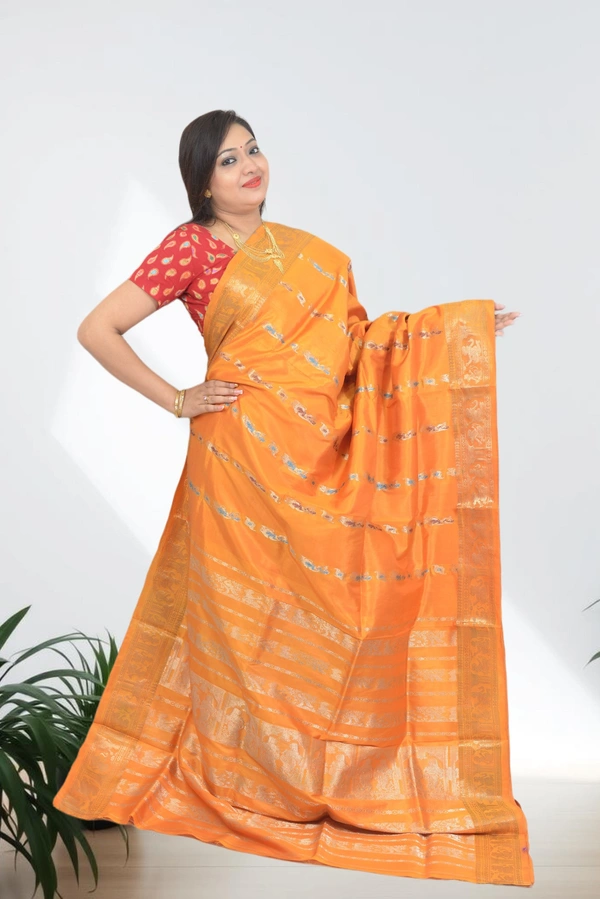 SKU0587 : Traditional Bengal Garad Silk Saree – Pure Handwoven Elegance | Swarnachari - Normal Length 6.3 mtr Plus, Orange, Zari Work, Dry Clean Only, Yes