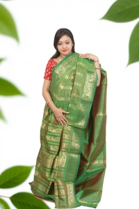 SKU0588 : Traditional Bengal Garad Silk Saree – Pure Handwoven Elegance | Swarnachari - Normal Length 6.3 mtr Plus, Green, Zari Work, Dry Clean Only, Yes
