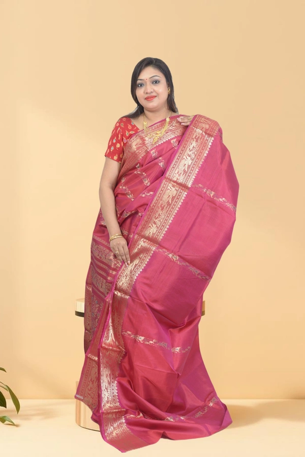 SKU0589 : Traditional Bengal Garad Silk Saree – Pure Handwoven Elegance | Swarnachari - Normal Length 6.3 mtr Plus, Rani, Zari Work, Dry Clean Only, Yes
