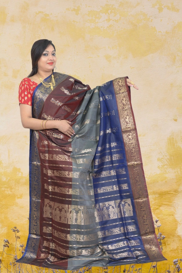 SKU0590 : Traditional Bengal Garad Silk Saree – Pure Handwoven Elegance | Swarnachari - Normal Length 6.3 mtr Plus, Multi Color, Zari Work, Dry Clean Only, Yes