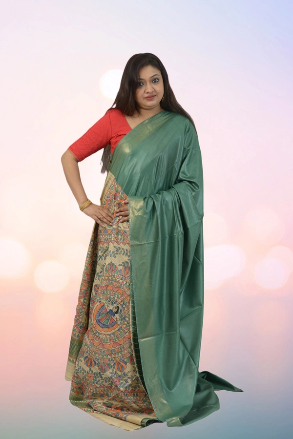 SKU0479 : Elegant Handwoven Tussar Ghicha Bapta Saree – Traditional Bengal Weave - Normal Length 6.3 mtr Plus, Green, Plain / Solid, Dry Clean Only, Yes