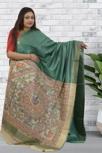 SKU0479 : Elegant Handwoven Tussar Ghicha Bapta Saree – Traditional Bengal Weave - Normal Length 6.3 mtr Plus, Green, Plain / Solid, Dry Clean Only, Yes