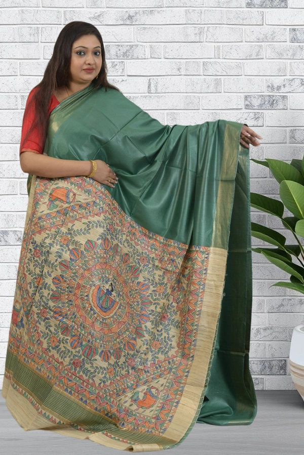SKU0479 : Elegant Handwoven Tussar Ghicha Bapta Saree – Traditional Bengal Weave - Normal Length 6.3 mtr Plus, Green, Plain / Solid, Dry Clean Only, Yes